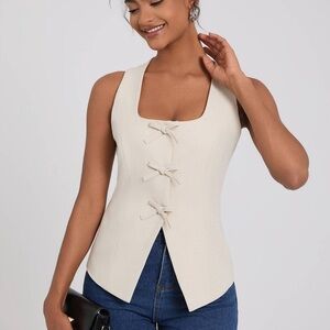 Women's Square Neck Sleeveless Front Bow Tie Closure Vest Top Beige XS